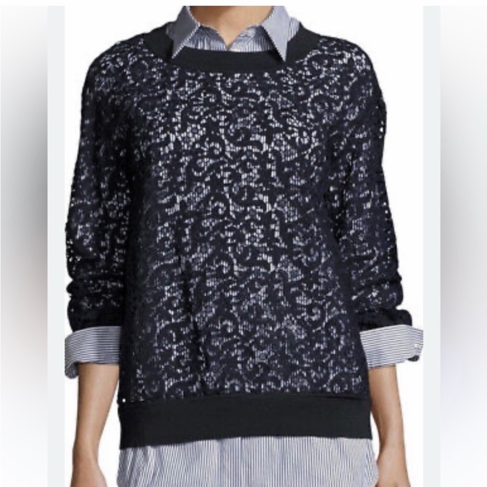 Lafayette 148 New York Navy Lace-Overlay Crewneck Sweater size Medium